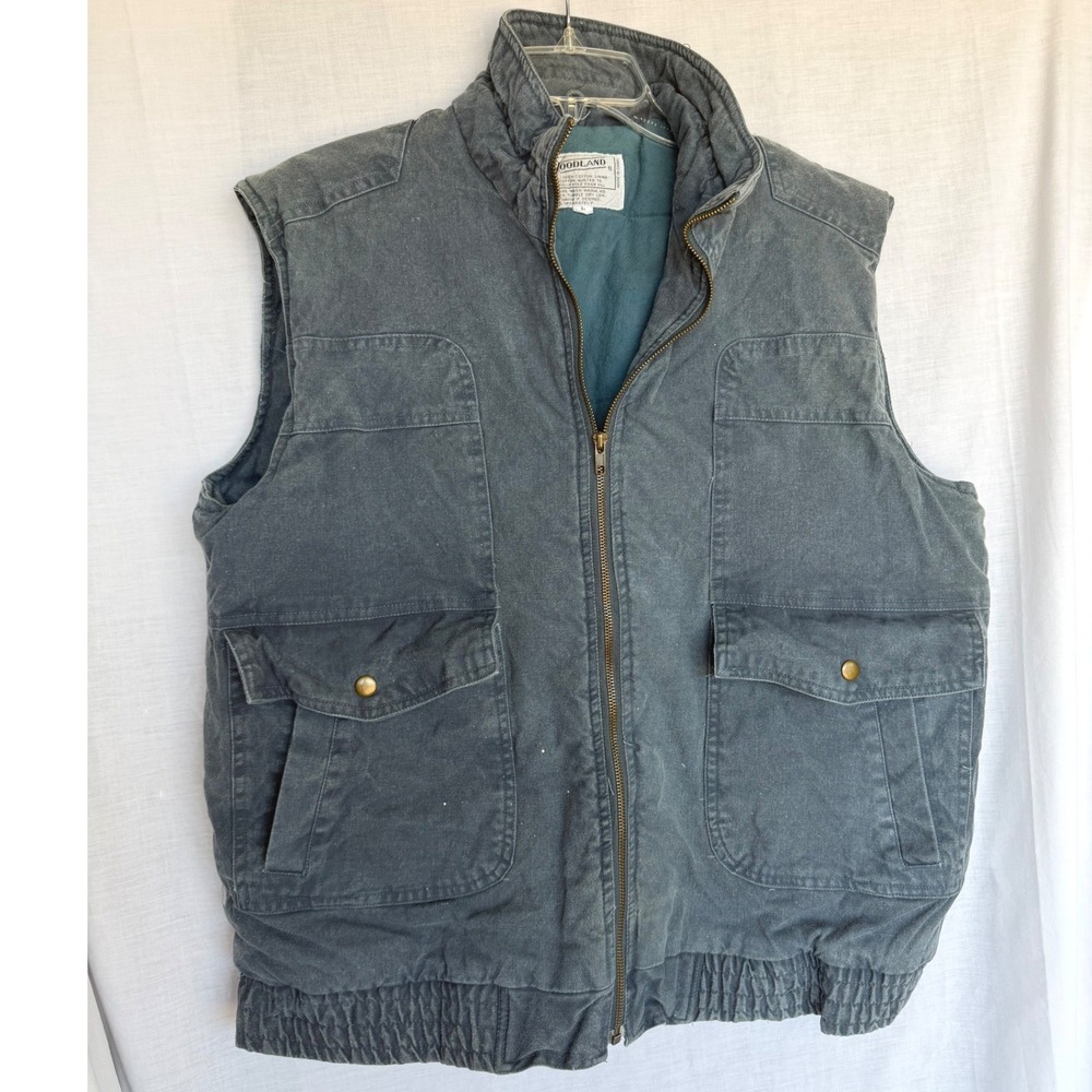 Vintage Woodland Utility Vest Blue Cotton Canvas Layering Rugged Workwear Large